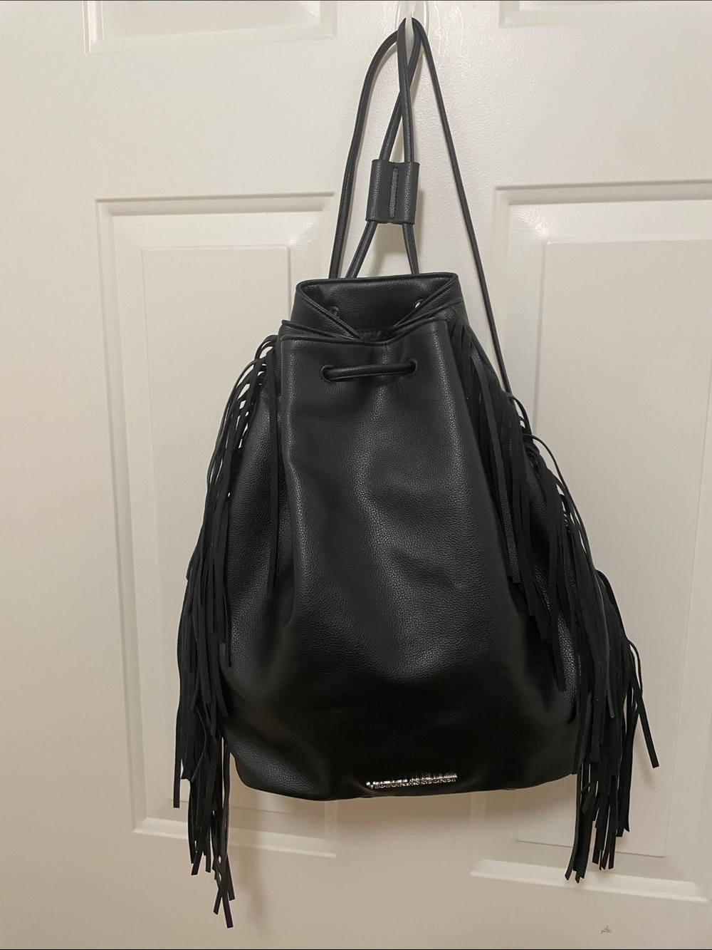 Victoria Secret Black Fringe Drawstring Backpack for Women.